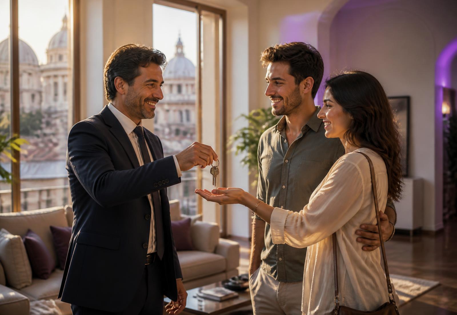 Agente immobiliare consegna le chiavi di casa a una giovane coppia